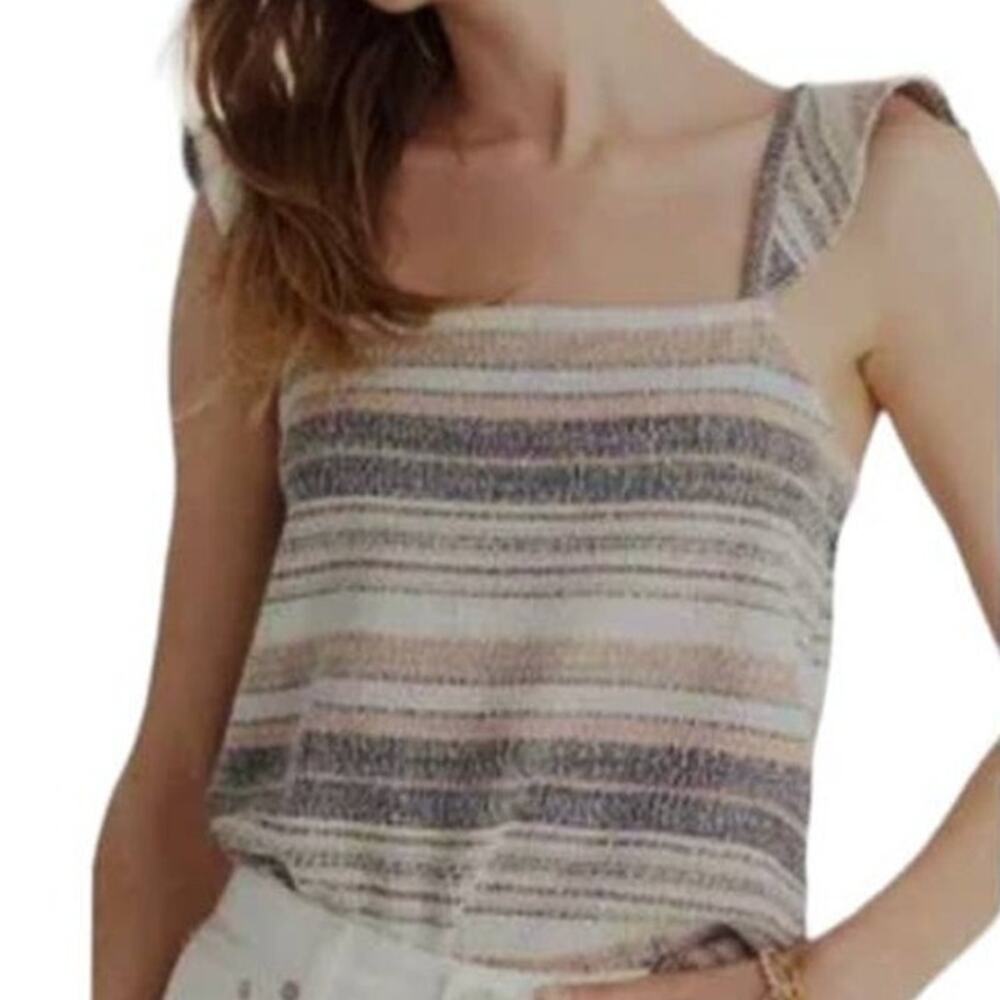 Madewell large striped ruffle cap sleeve textured top TS 4672